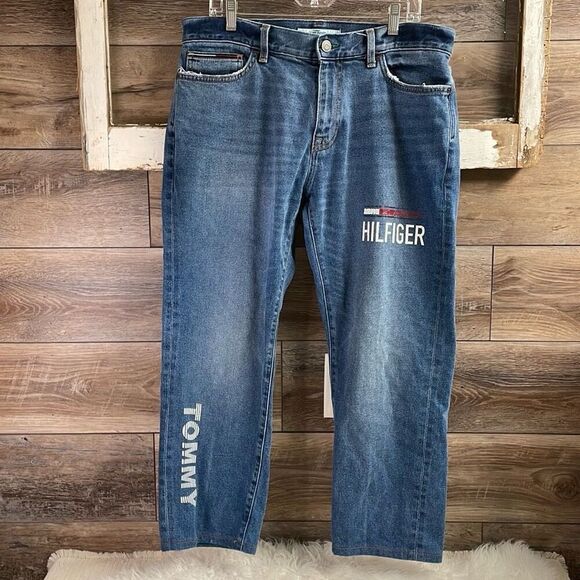 TOMMY HILFIGER Denim Mens Jeans Spellout 2018 Size 34/30 Blue - Picture 1 of 11